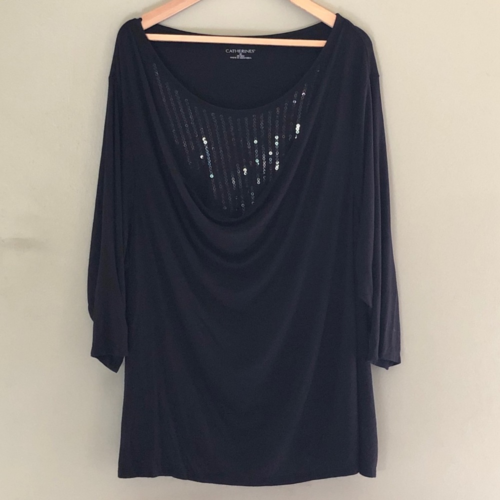 Catherine’s Black 3/4 Sleeve Draped Sequins 3X Top